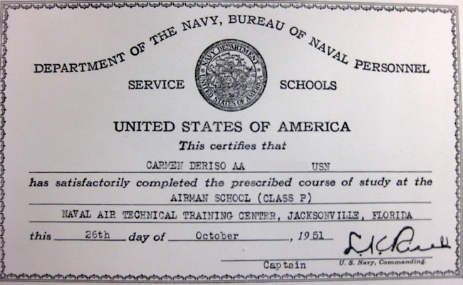 Carmen Deriso's Airman School Certificate
